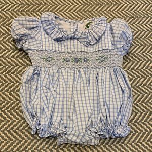 Baby girl smocked bubble with blue checks